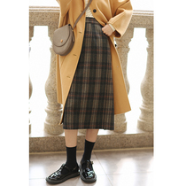 Huaji split Vintage Plaid straight tube woolen skirt in autumn and winter women's medium length versatile tight waist q047
