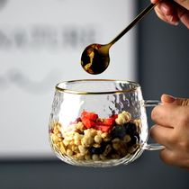 Japan-style minimalist glass-cup heat-resistant and explosion-proof hammered Phnom Penh breakfast cup Home floral tea cup handle water cup Coffee cup