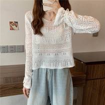 Lining womens 0 shirt 1 year summer new Korean version of retro lazy wind 2 Hollow 2V collar knitted long shirt sleeve drawstring blouse