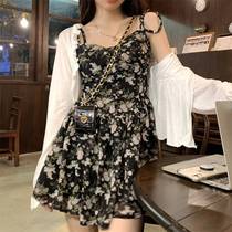 Even broken chiffon skirt womens autumn 2 flowers 01 new sub-paragraph waist thin temperament hanging 2 skirt niche French dress