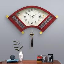 New Chinese solid wood bell frame sector hanging bell Chinese wind living room decoration mute hanging watch brass decorated quartz clock table