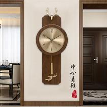 High-end new Chinese style pure copper wall clock Living room wall hanging light luxury walnut Chinese style pendulum clock table deer head decorative household