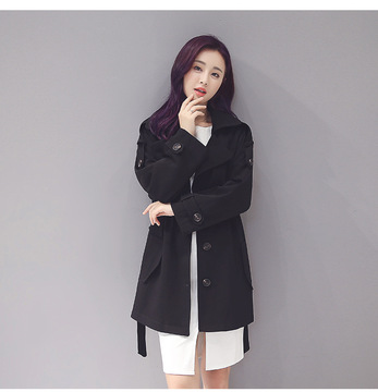 艾儿2016新春秋款女装韩版时尚修身英伦休闲黑色中长款风衣外套