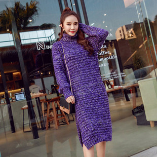 粗毛线毛衣裙女套头宽松韩版过膝秋冬开叉高领中长款粗棒针连衣裙
