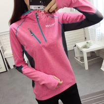 Autumn outdoor sports long-sleeved hooded quick-drying clothes women running mountaineering hiking quick-drying T-shirt Slim color-dressing blouse