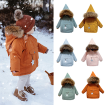 ins Nordic baby childrens down cotton-padded clothes big hair collar elf hat thick warm coat ski suit