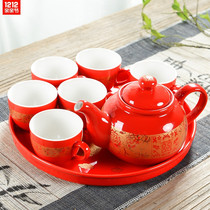 Wedding tea set wedding Red home dowry teapot Chinese wedding gift belt with ceramic tea cup