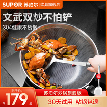 Supor stainless steel wok Honeycomb non-stick pan Household less fume induction cooker Gas stove Cooking pot pan