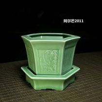 New imitation old state-owned medium with bottom hexagonal flower pot high-end office ornaments decoration planting flowers