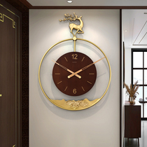 New Chinese Fulu brass wall clock living room solid wood light luxury fashion clock home quartz clock personality deer head clock