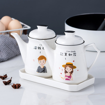 Cartoon ceramic oil pot soy sauce bottle vinegar bottle with lid vinegar pot seasoning bottle seasoning pot household oil control oil pot kitchen supplies