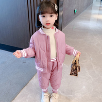 Childrens cotton clothes suits foreign style childrens baby winter clothes plus velvet thickening girls cotton clothes coat cotton pants two-piece tide set