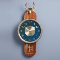 New Chinese solid wood clock hanging bell drawing room decoration Fashion creative personality mute quartz clock hanging wall light extravagant clock