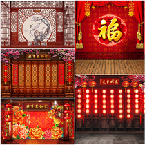 新款2021年影楼全家福拍照背景 红色新年春节主题摄影背景布 4*5