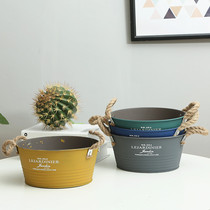 American retro frosted iron flower pot hemp rope ear handle decoration green flower iron pot iron storage decoration