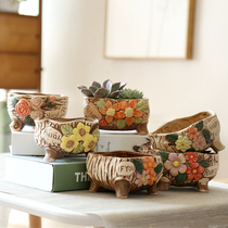 Fleshy flowerpot ceramics special clearance simple coarse pottery breathable indoor large diameter pure hand-painted creative small flower pot