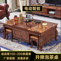 European-style marble intelligent lifting coffee table living room household tea table with tea set Integrated Solid Wood multifunctional electric table
