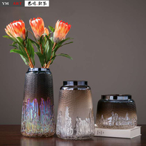 Yiming soft dress American pearlescent color carved ground glass vase living room hotel restaurant modern high-end flower arrangement