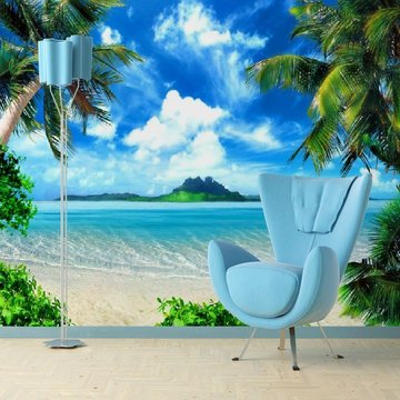 3d椰树大海 天空自然风景客厅电视背景墙纸壁纸卧室沙发大型壁画