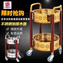 Hotel high-grade luxury stainless steel Titanium double-layer wine truck wooden round wine truck chrysanthemum-shaped tea delivery truck