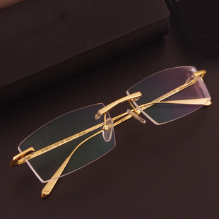 18k金无框近视眼镜架男款超轻纯钛眼镜框商务舒适大脸金色配眼镜