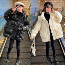 Girls winter clothes 2022 new style childrens foreign style hooded cotton-padded jacket wash-free plus velvet thick down warm jacket