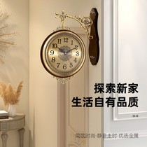 Double-sided wall clock American retro living room solid wood clock mute creative European quartz clock restaurant clock wall clock