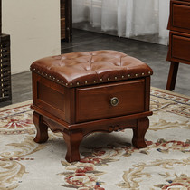 Real leather solid wood drawers small stools Home American small chairs Short stool sofa stool Euro style living-room change of shoes stool