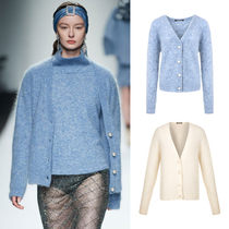 Authentic georgette. Q Georgette's blue and white Mohair pearl button knitted cardigan top for women