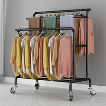 Double-row clothes rack floor-to-ceiling simple coat rack Bedroom cool and dry dormitory clothes folding hanging clothes rod mobile pulley