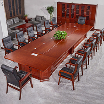 Large Solid Wood Meeting Table Long Table And Chairs Combination Brief Modern New Chinese State-owned Enterprises Meeting Baking Varnish Negotiation Table