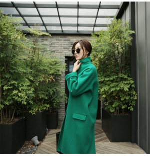 韩国纯羊毛茧型高端时尚双面呢羊绒大衣绿色纯手工毛呢外套女秋冬