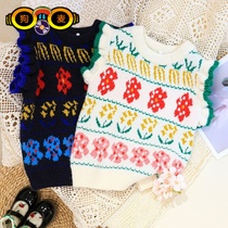 Hong Kong Korean girl wool vest 2021 autumn knitted vest embroidered flying sleeve childrens coat retro