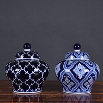 European style new antique blue and white porcelain storage jar home general jar with lid ceramic jar storage box retro ornaments