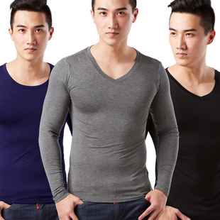 男士内衣上衣单件秋冬v领薄款莫代尔保暖内衣贴身打底长袖纯棉