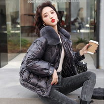 Purple down jacket female real wool collar short bright fashion thickened 2021 new winter coat small tide