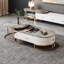 Light luxury Rock Board coffee table Nordic modern small apartment living room simple telescopic TV cabinet combination household round tea table