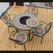 Outdoor Mosaic Barbecue Table And Chairs Combined Eurostyle Iron Art Outdoor Patio Leisure Carbon Baking Table Rack Home Barbecue Grill