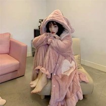 Korean version of autumn and winter coral velvet pajamas female set student cute plus velvet padded ins nightgown home clothes