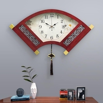 New Chinese solid wood bell frame sector hanging bell Chinese wind living room decoration mute hanging watch brass decorated quartz clock table