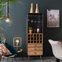 Wine cabinet Dining side cabinet American solid wood European retro wine rack Wrought iron dining room wall small living room household customization