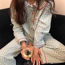 South Korea ins Wind long sleeve plaid pajamas female spring autumn Net red sweet student casual trousers home suit suit