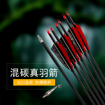 A dozen of bows and arrows, real feathers, mixed carbon arrows, glue feathers, carbon arrows, composite recurve bows, traditional beautiful hunting bows, archery practice
