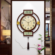 New Chinese wall clock home entrance living room Chinese style clock round wooden Fashion restaurant Wall radio wave clock