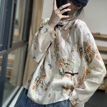 Ethnic style retro linen contrast Chinese clothing disc buckle printed shirt 2021 Joker loose shirt spring and summer women's clothing new