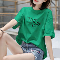 Cotton T-shirt female summer students Korean version of loose short-sleeved jacket green casual versatile Large size letter printing womens t