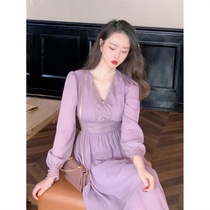 With soft light gentle sweet temperament fairy air V collar lace stitching long sleeve dress female 2021 early autumn