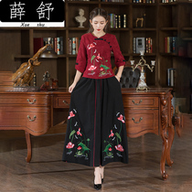 Cotton and linen suit women's autumn new national style large size Chinese cheongsam embroidery skirt square dance two-piece suit