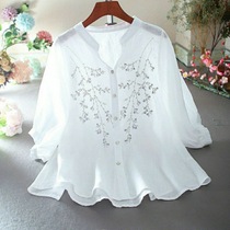 2021 summer new cotton and hemp large size loose thin embroidery flower literary fan linen foreign style shirt womens top