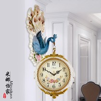 European double-sided wall clock living room atmosphere two peacock light luxury clock quartz clock creative home wall watch